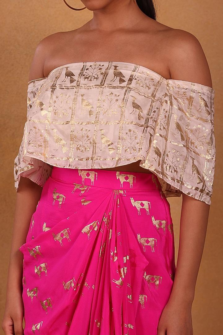 Fuchsia Silk Draped Skirt Set by Masaba at Pernia's Pop Up Shop