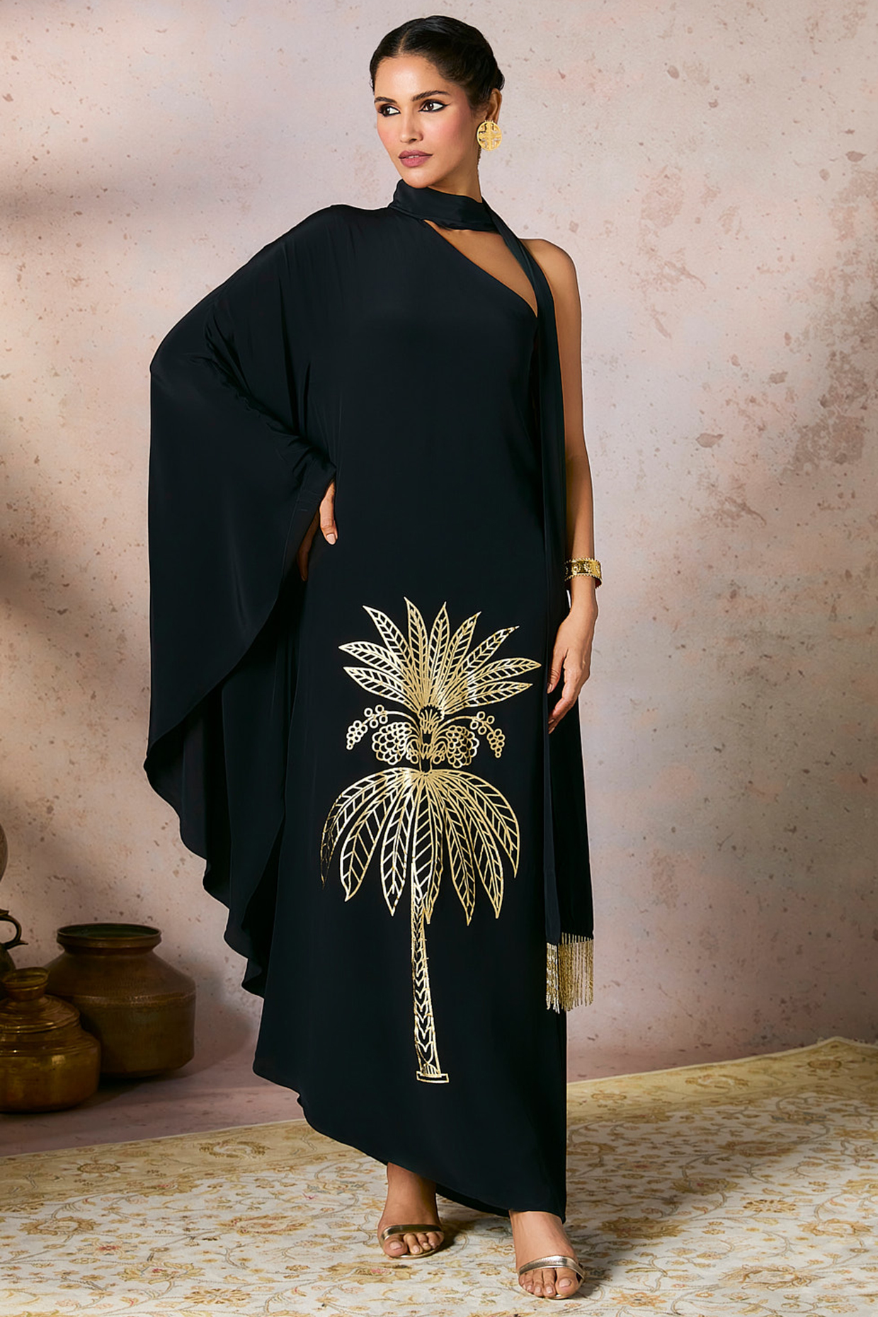 Black Crepe Silk Tropical Foil Printed One-Shoulder Asymmetrical Kaftan With Sash by Masaba at Pernia's Pop Up Shop