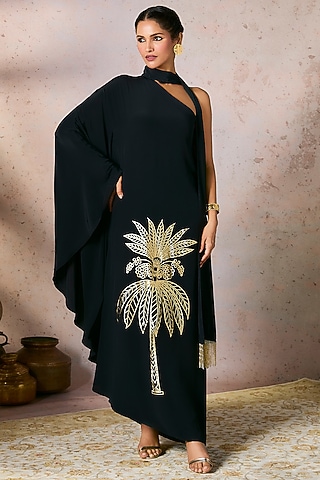 Black Crepe Silk Tropical Foil Printed One-Shoulder Asymmetrical Kaftan With Sash by Masaba