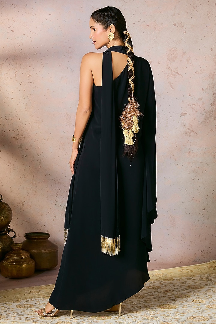 Black Crepe Silk Tropical Foil Printed One-Shoulder Asymmetrical Kaftan With Sash by Masaba at Pernia's Pop Up Shop