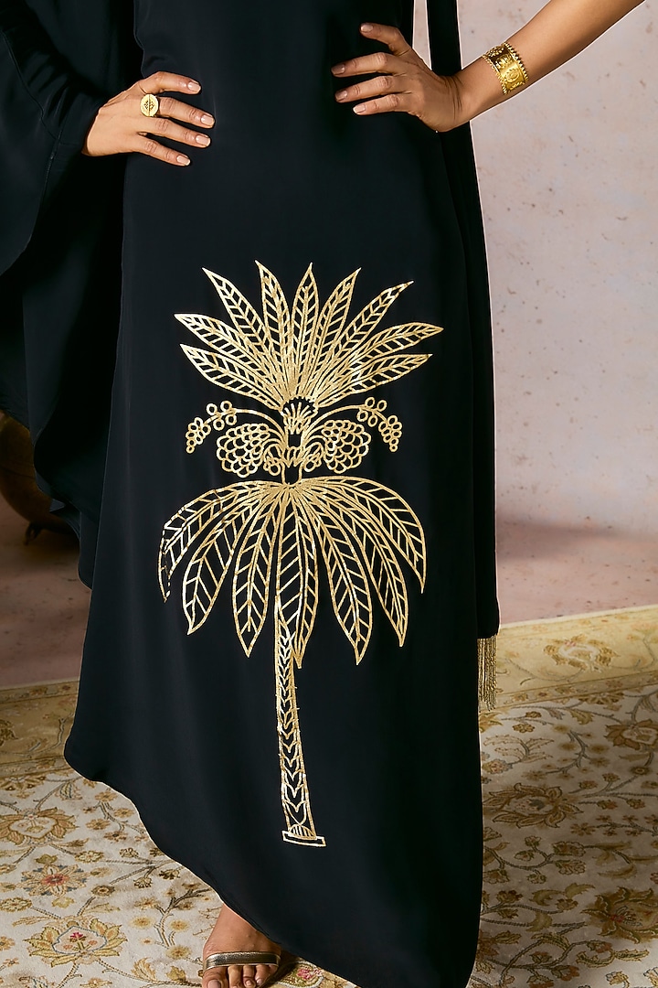 Black Crepe Silk Tropical Foil Printed One-Shoulder Asymmetrical Kaftan With Sash by Masaba at Pernia's Pop Up Shop