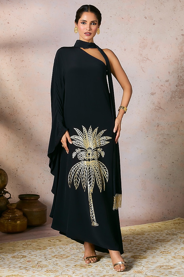 Black Crepe Silk Tropical Foil Printed One-Shoulder Asymmetrical Kaftan With Sash by Masaba at Pernia's Pop Up Shop