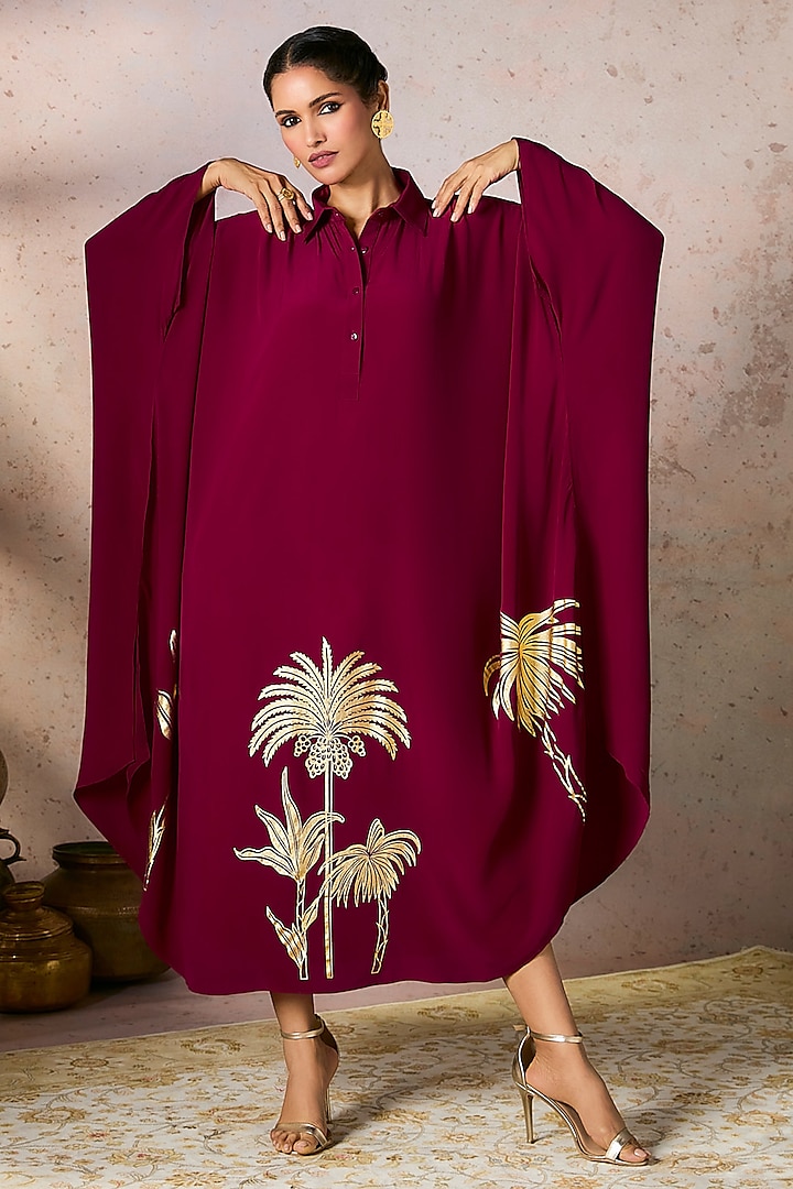 Cranberry Red Crepe Silk Foil Placement Printed Kaftan by Masaba at Pernia's Pop Up Shop