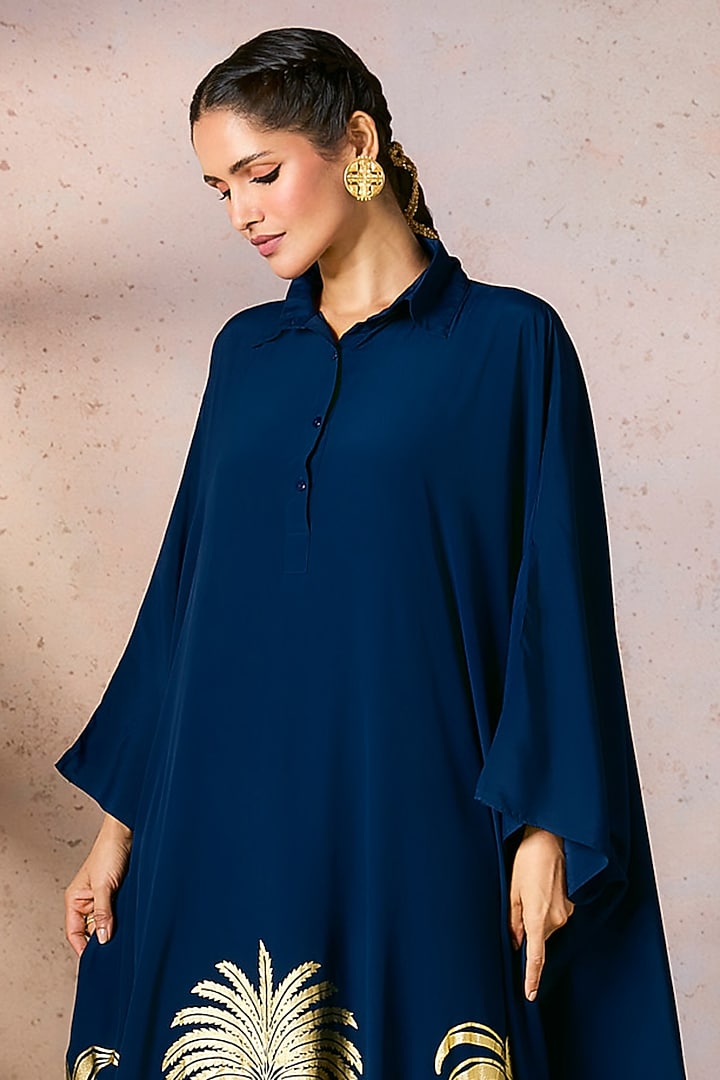 Blue Crepe Silk Foil Placement Printed Kaftan by Masaba at Pernia's Pop Up Shop