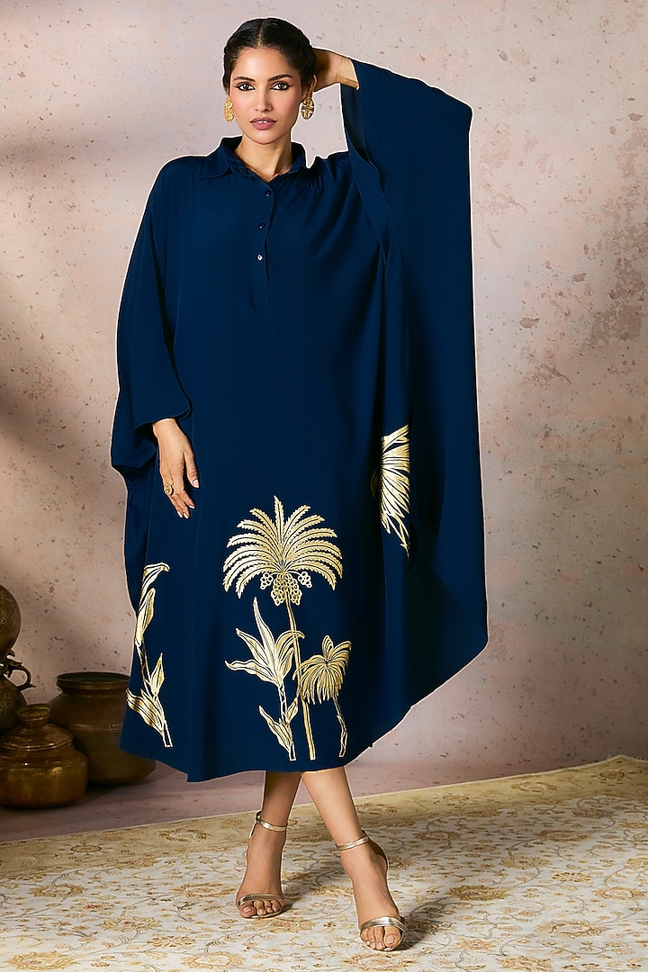 Blue Crepe Silk Foil Placement Printed Kaftan by Masaba at Pernia's Pop Up Shop