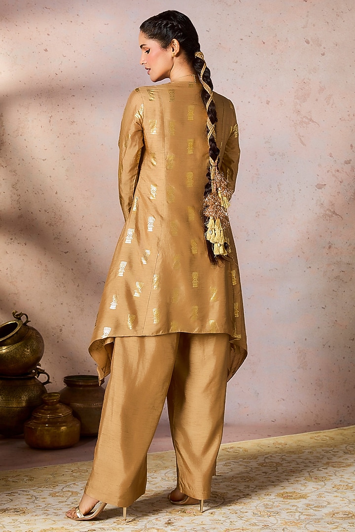 Beige Raw Silk Foil Printed & Embroidered Asymmetrical Tunic Set by Masaba at Pernia's Pop Up Shop