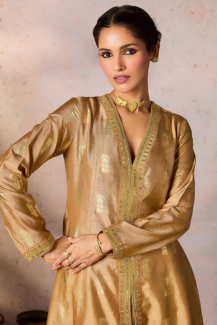 Beige Raw Silk Foil Printed & Embroidered Asymmetrical Tunic Set by Masaba at Pernia's Pop Up Shop