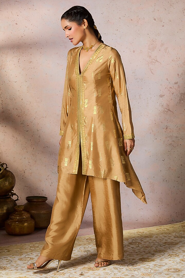 Beige Raw Silk Foil Printed & Embroidered Asymmetrical Tunic Set by Masaba at Pernia's Pop Up Shop