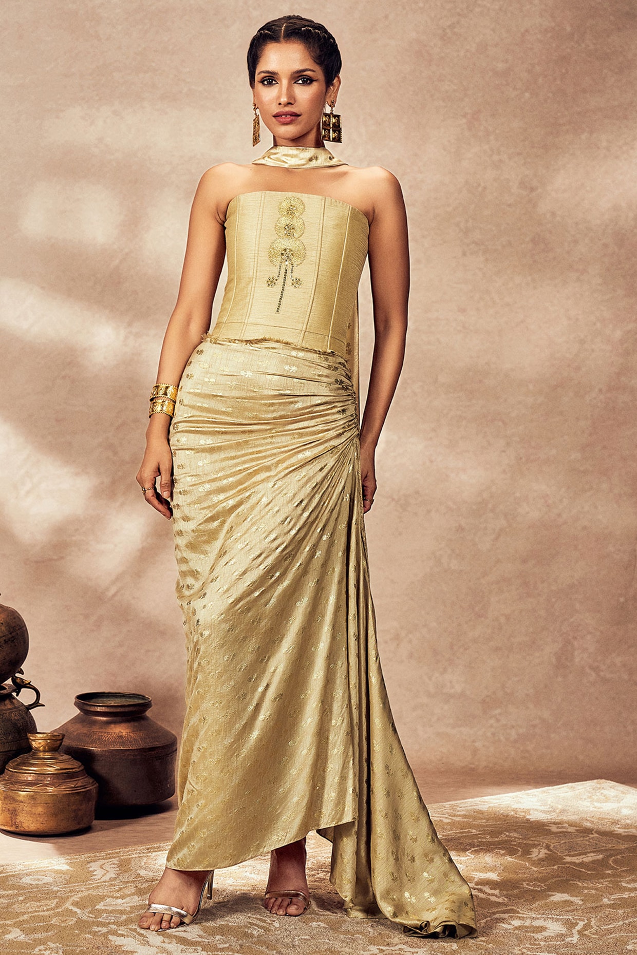 Beige Raw Silk Foil Printed Draped Skirt Set by Masaba at