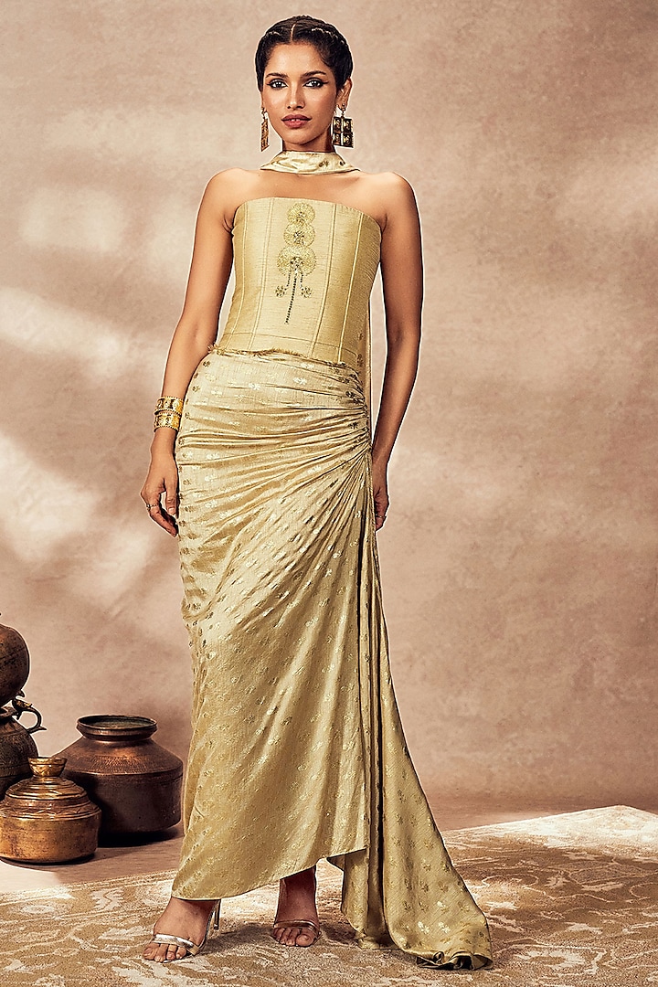 Beige Raw Silk Foil Printed Draped Skirt Set by Masaba