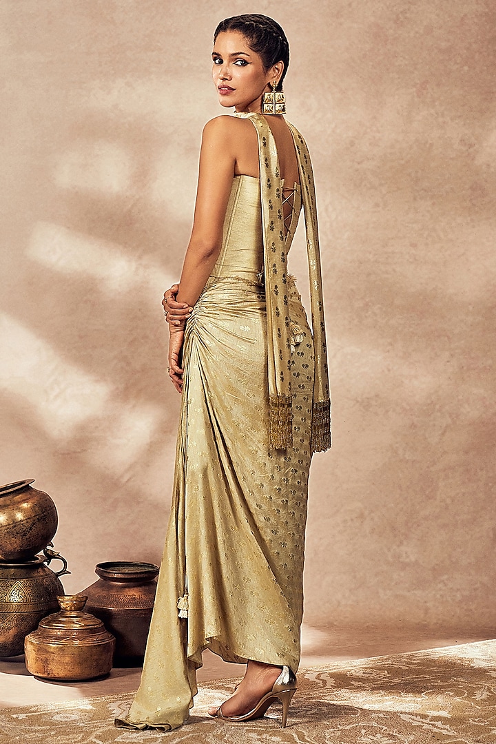Beige Raw Silk Foil Printed Draped Skirt Set by Masaba at Pernia's Pop Up Shop