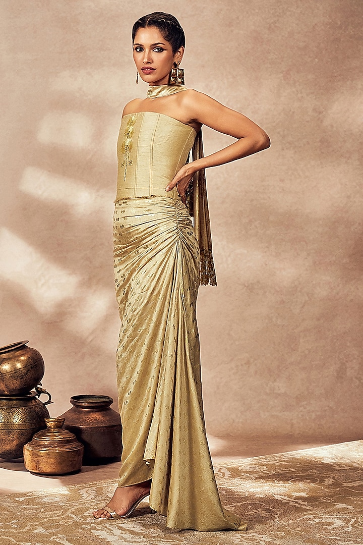 Beige Raw Silk Foil Printed Draped Skirt Set by Masaba at Pernia's Pop Up Shop