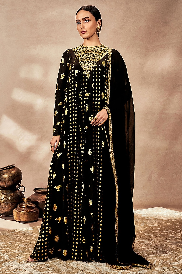 Black Crepe Silk Kinari Embellished Anarkali Set by Masaba