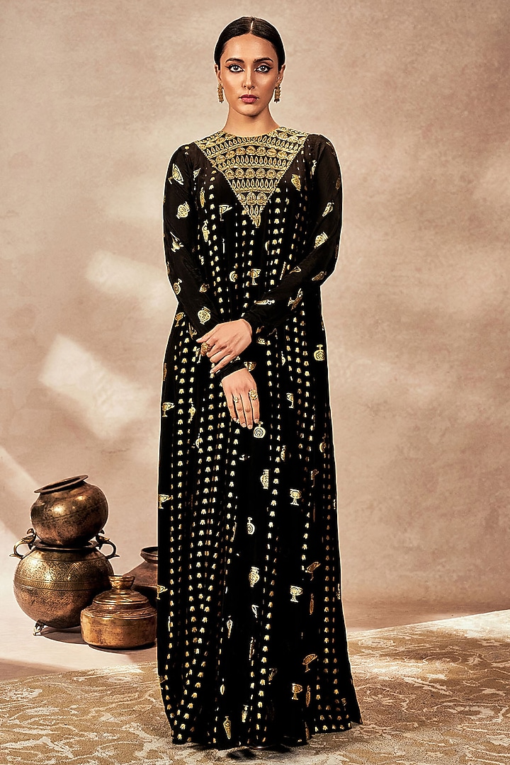 Black Crepe Silk Kinari Embellished Wedding Anarkali Set by Masaba at Pernia's Pop Up Shop