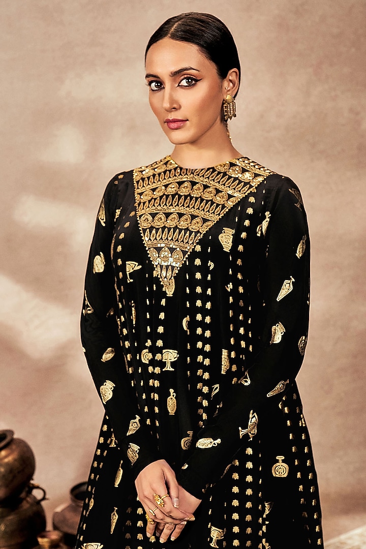 Black Crepe Silk Kinari Embellished Wedding Anarkali Set by Masaba at Pernia's Pop Up Shop