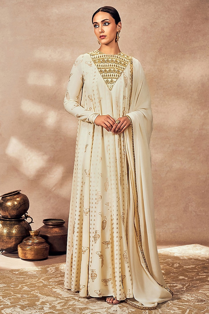 Ivory Crepe Silk Foil Printed & Embellished Anarkali Set by Masaba