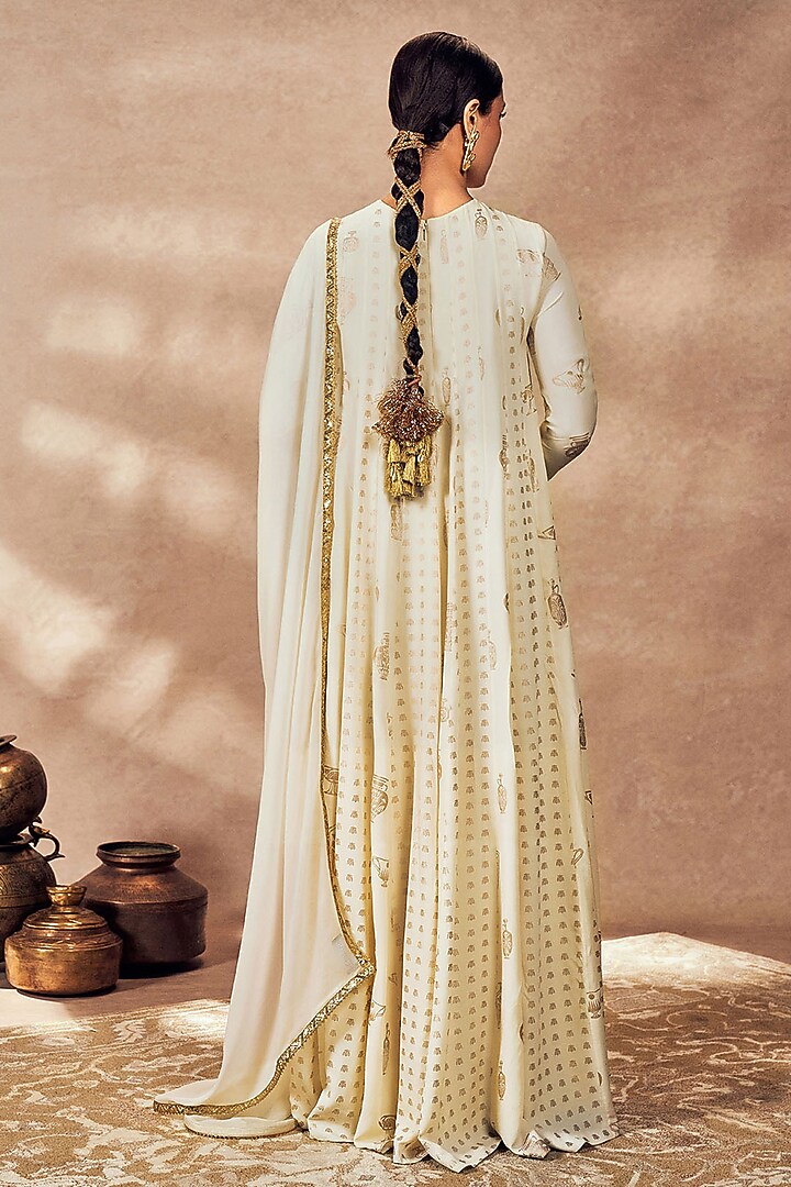 Ivory Crepe Silk Foil Printed & Embellished Wedding Anarkali Set by Masaba at Pernia's Pop Up Shop