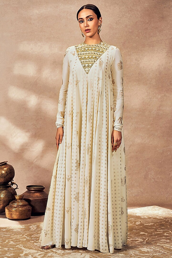 Ivory Crepe Silk Foil Printed & Embellished Wedding Anarkali Set by Masaba at Pernia's Pop Up Shop