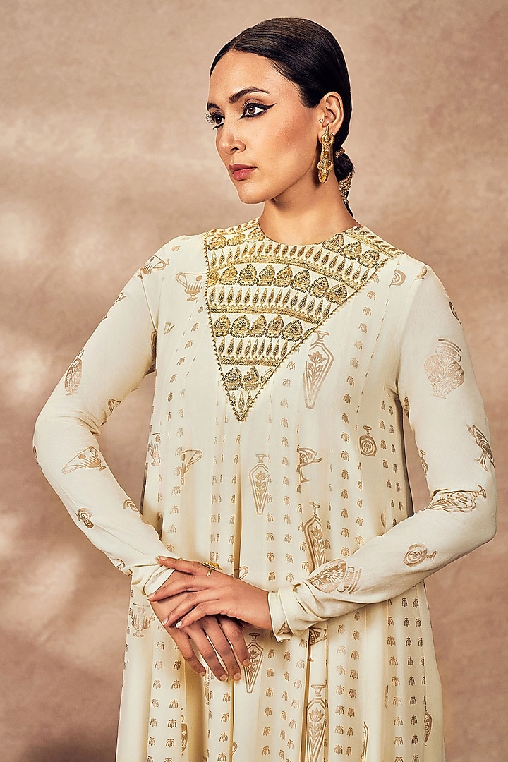 Ivory Crepe Silk Foil Printed & Embellished Wedding Anarkali Set by Masaba at Pernia's Pop Up Shop