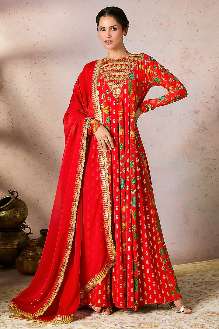 Red Crepe Silk Foil Printed & Embellished Anarkali Set by Masaba