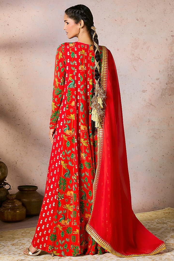 Red Crepe Silk Foil Printed & Embellished Wedding Anarkali Set by Masaba at Pernia's Pop Up Shop