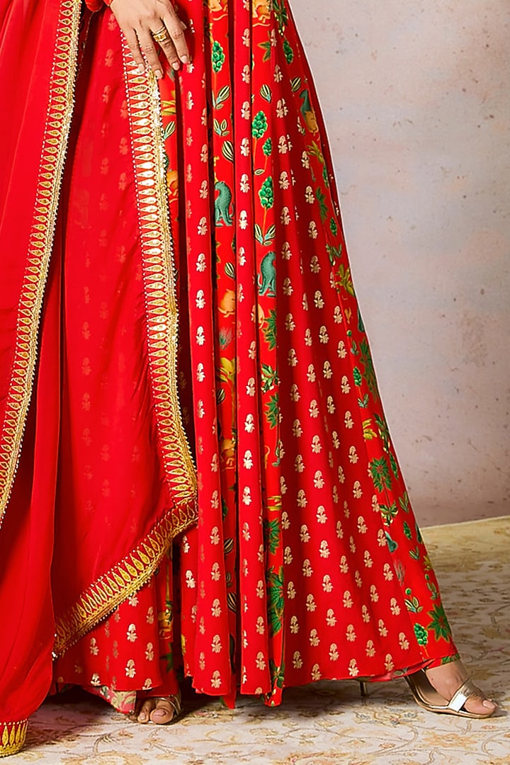 Red Crepe Silk Foil Printed & Embellished Wedding Anarkali Set by Masaba at Pernia's Pop Up Shop