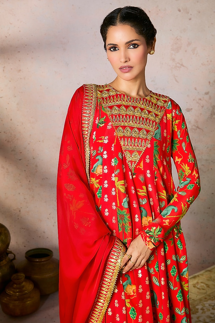 Red Crepe Silk Foil Printed & Embellished Wedding Anarkali Set by Masaba at Pernia's Pop Up Shop