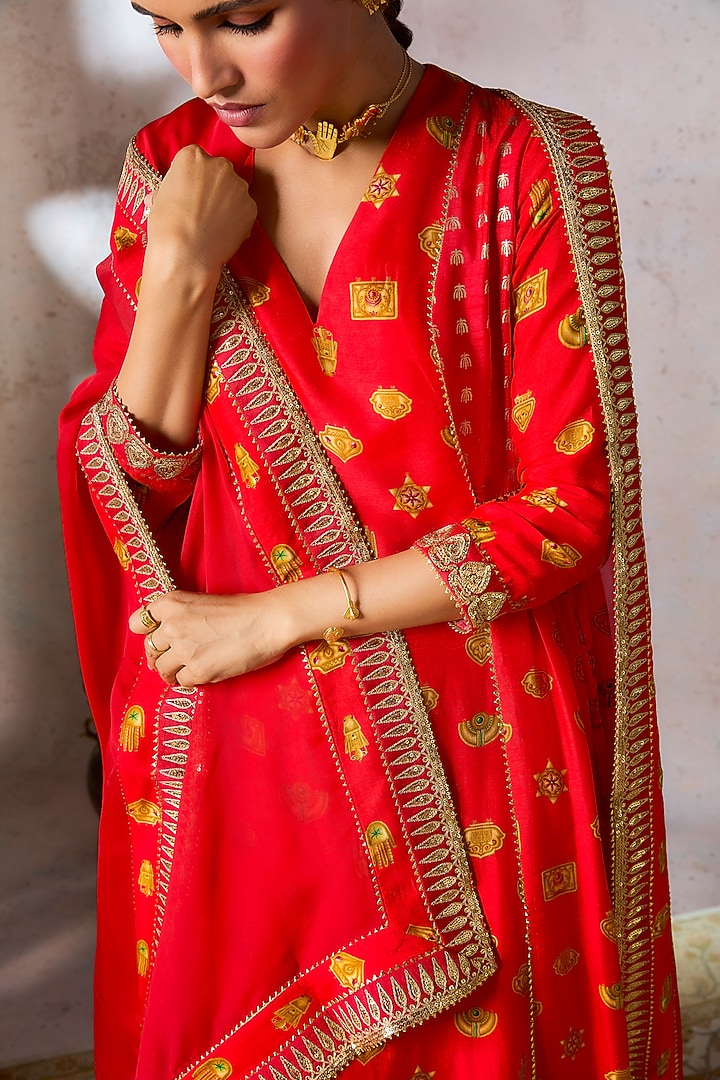 Red Raw Silk Digital Printed & Embellished A-Line Kurta Set by Masaba at Pernia's Pop Up Shop