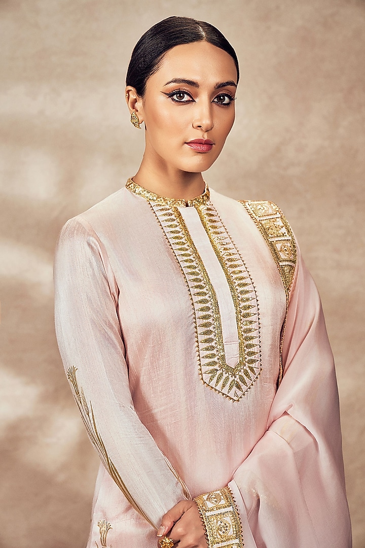 Baby Pink Raw Silk Embellished Wedding Sharara Set by Masaba at Pernia's Pop Up Shop