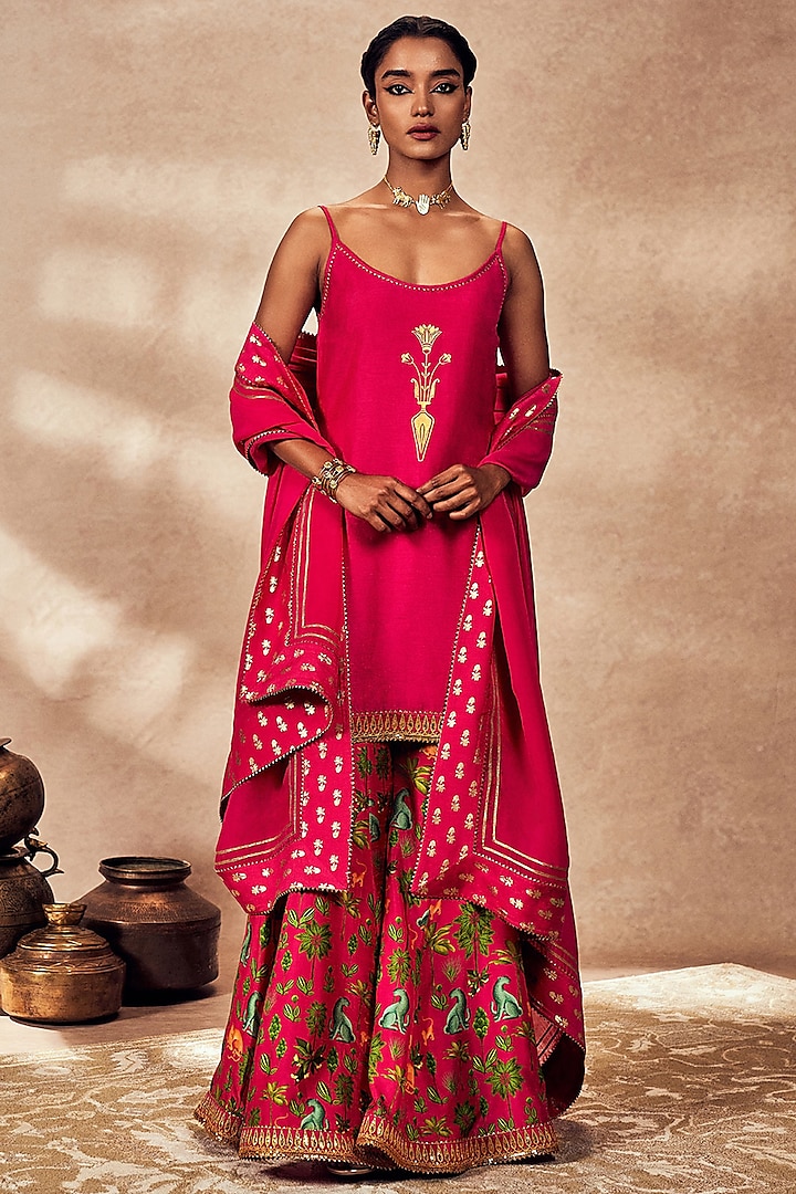 Pink Raw Silk Digital Printed & Gotal Embellished Sharara Set by Masaba at Pernia's Pop Up Shop