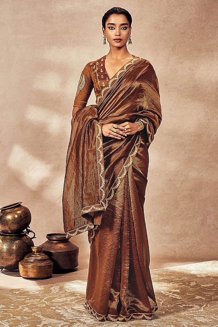 Brown Tissue Gold Madakal Embroidered Pinstriped Tissue Saree Set by Masaba