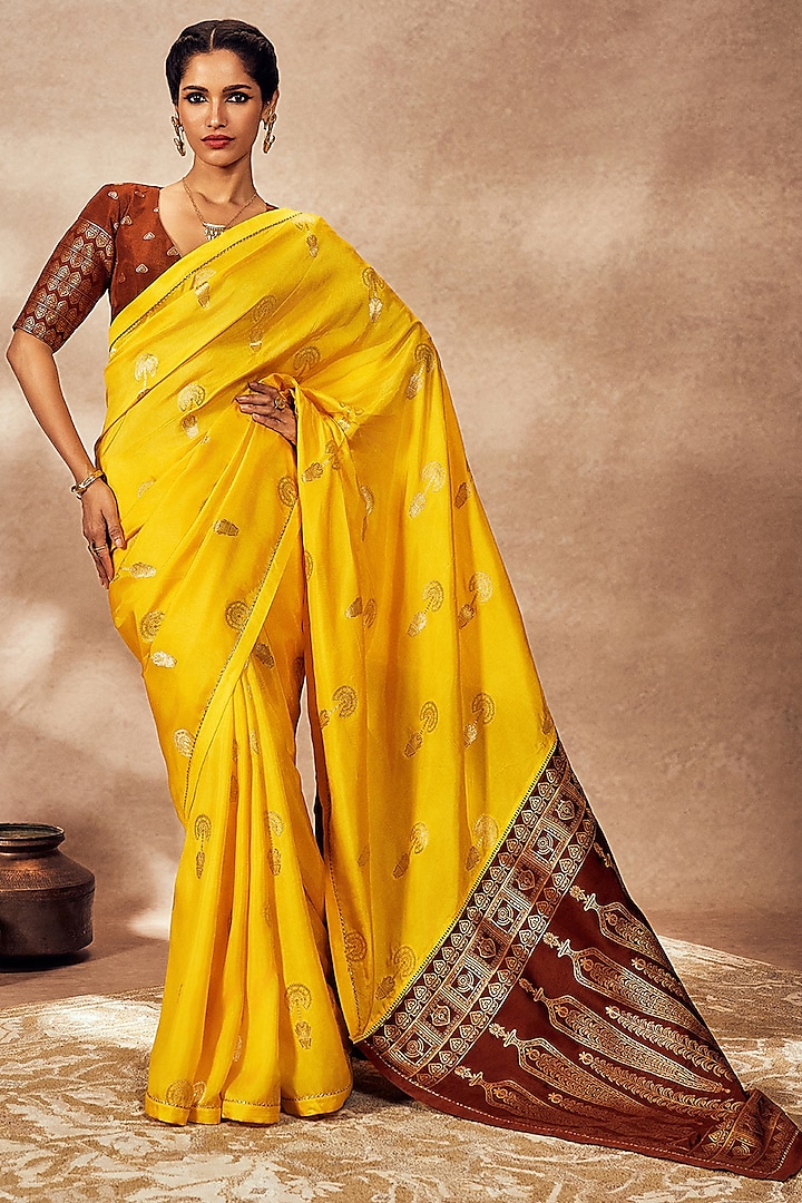 Yellow Jacquard Silk Kinari Work Saree Set by Masaba