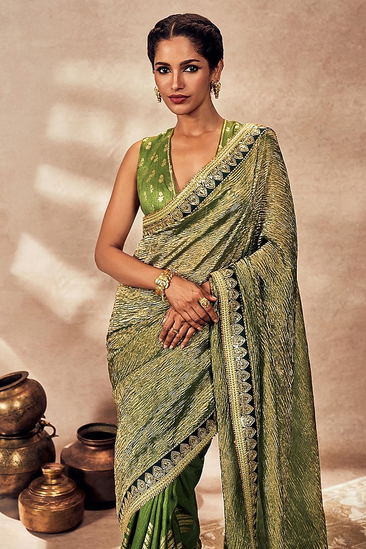 Green Tissue Foil Printed & Kinari Embellished Wedding Saree Set by Masaba at Pernia's Pop Up Shop