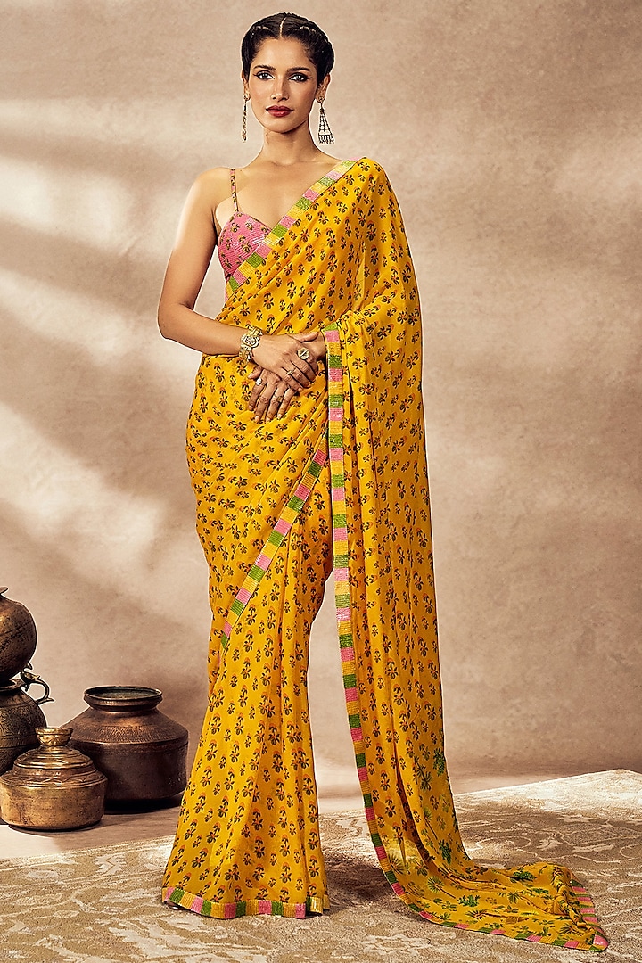 Yellow Georgette Printed & Sequins Embellished Saree Set by Masaba