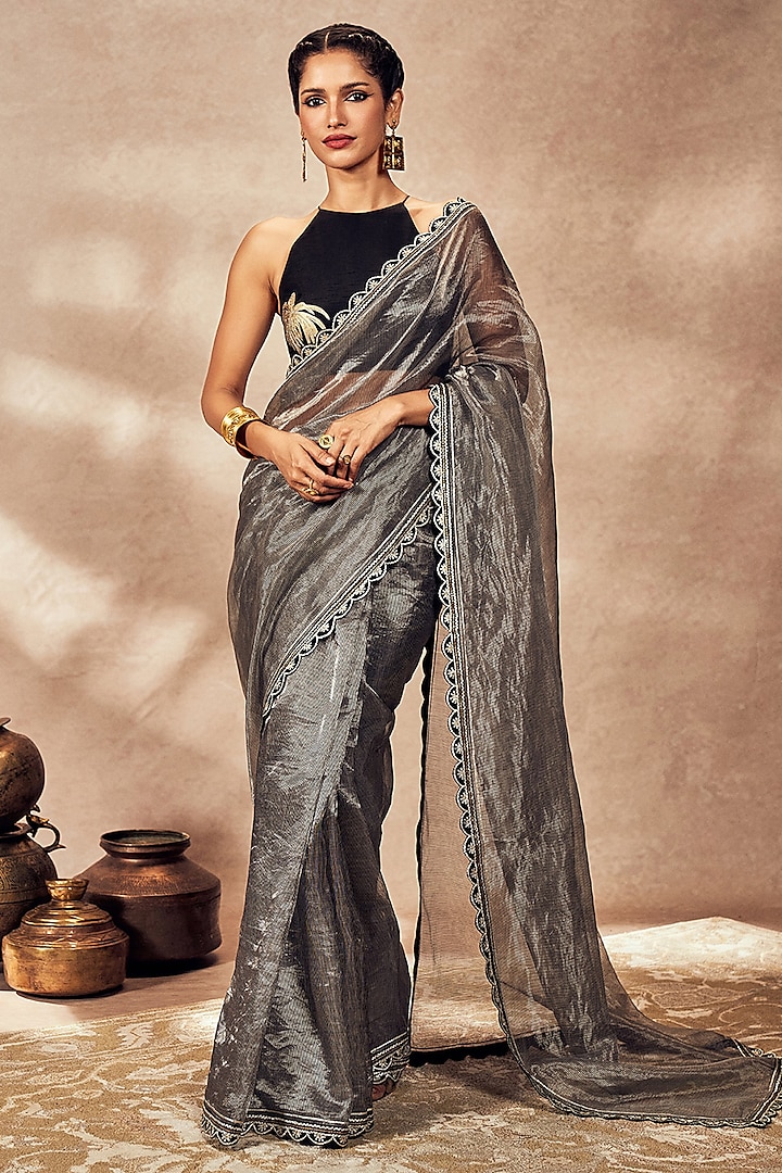 Black & Silver Tissue Gota Embroidered Saree Set by Masaba