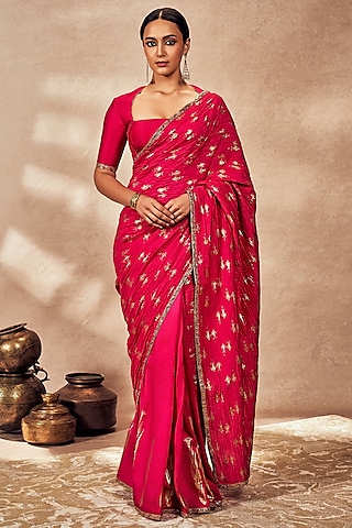 Pink Raw Silk Foil Printed & Embroidered Saree Set by Masaba