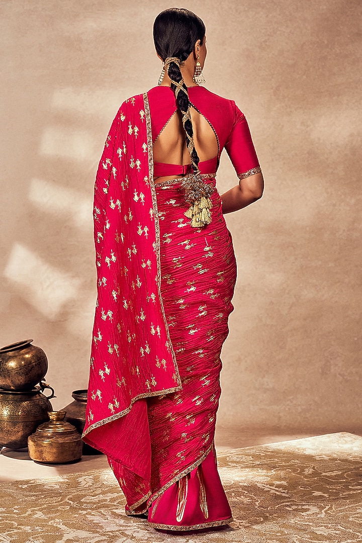 Pink Raw Silk Foil Printed & Embroidered Wedding Saree Set by Masaba at Pernia's Pop Up Shop
