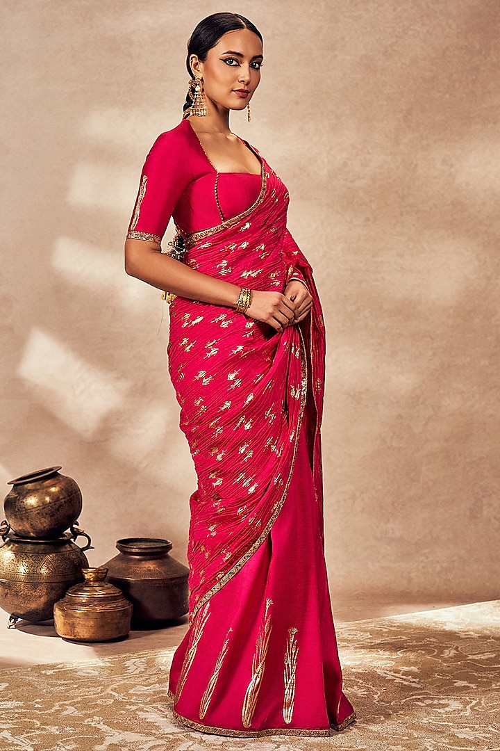 Pink Raw Silk Foil Printed & Embroidered Wedding Saree Set by Masaba at Pernia's Pop Up Shop