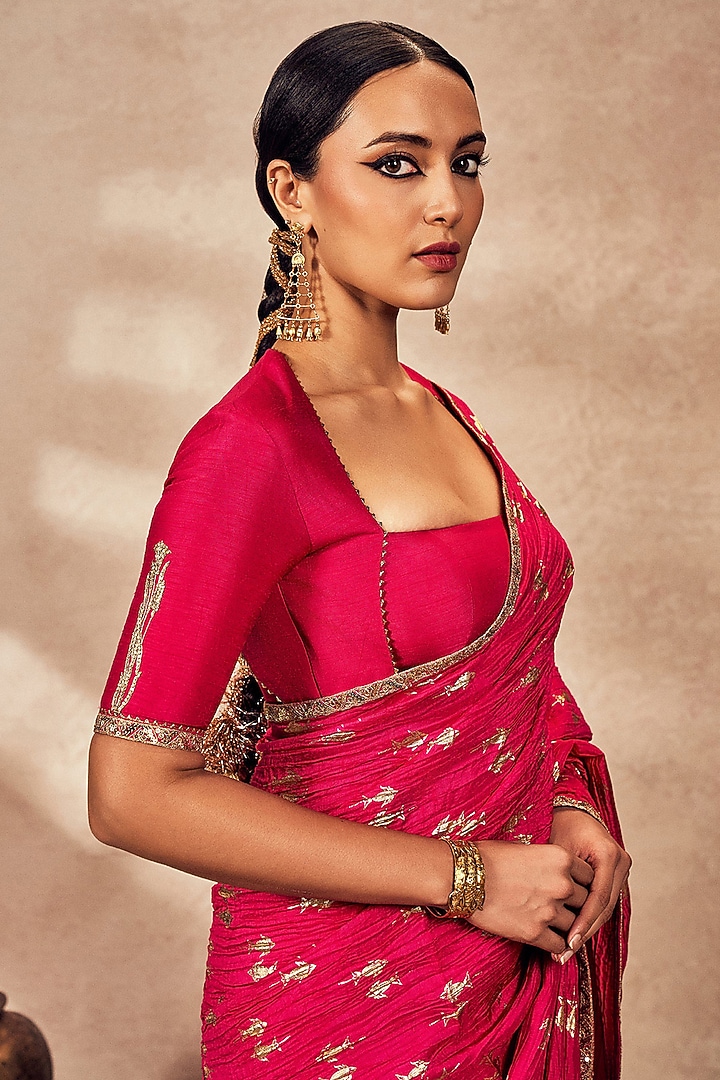 Pink Raw Silk Foil Printed & Embroidered Wedding Saree Set by Masaba at Pernia's Pop Up Shop