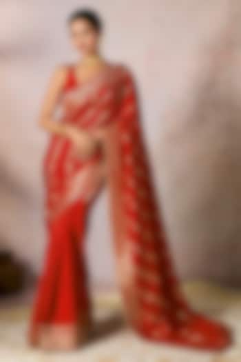 Red Jacquard Silk Pinstriped Saree Set by Masaba