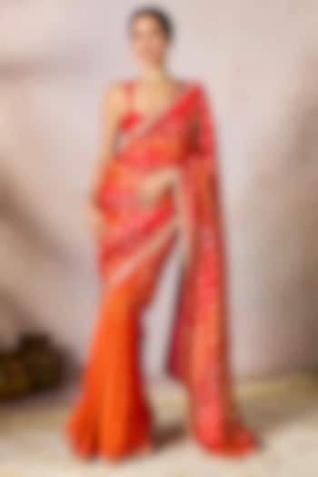 Rust Raw Silk Foil Printed & Embroidered Saree Set by Masaba at Pernia's Pop Up Shop