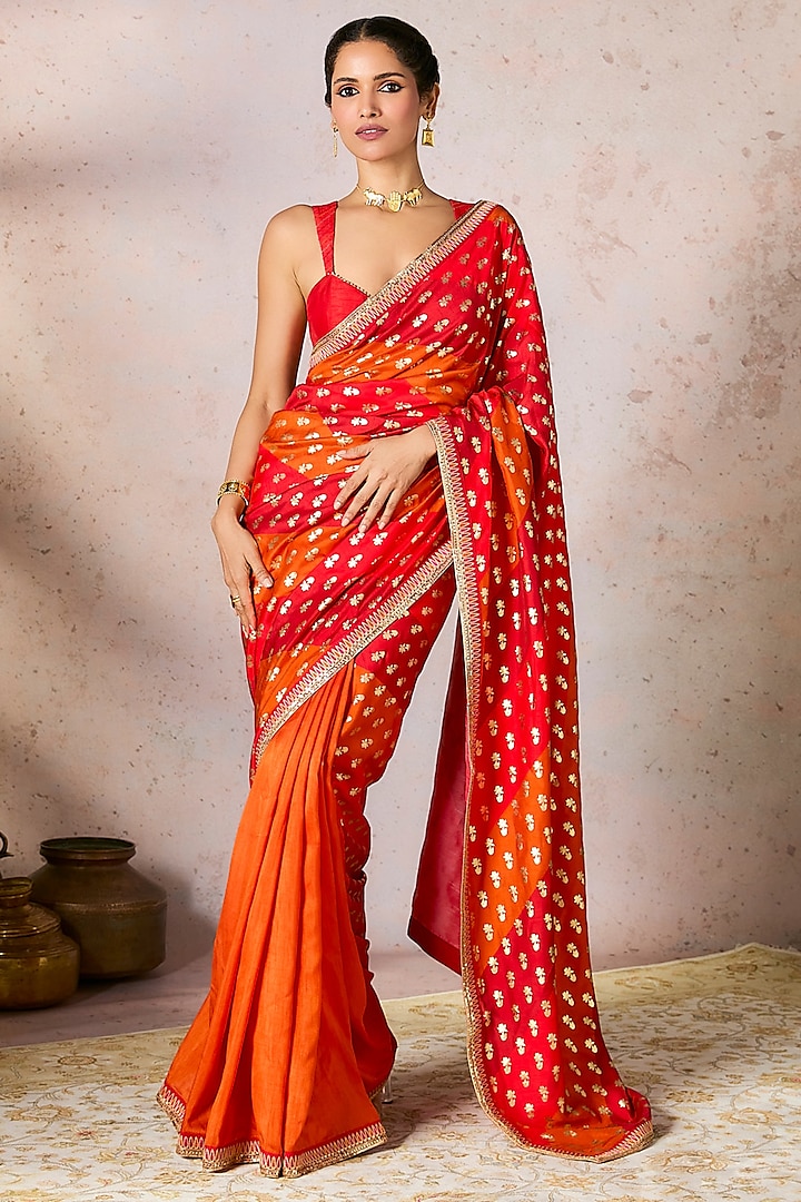 Rust Raw Silk Foil Printed & Embroidered Saree Set by Masaba at Pernia's Pop Up Shop