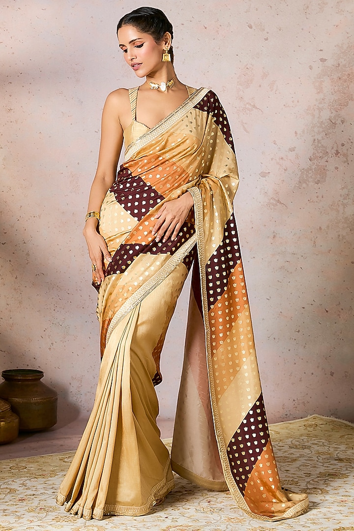 Beige Raw Silk Foil Printed & Embroidered Saree Set by Masaba