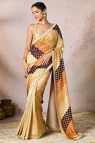 Beige Raw Silk Foil Printed & Embroidered Saree Set by Masaba