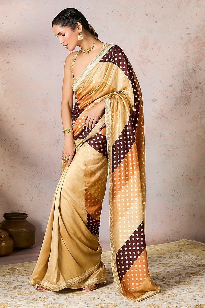 Beige Raw Silk Foil Printed & Embroidered Party Wear Saree Set by Masaba at Pernia's Pop Up Shop