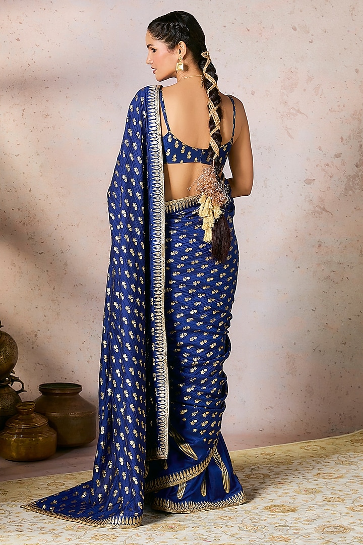 Blue Raw Silk Foil Printed & Embroidered Wedding Saree Set by Masaba at Pernia's Pop Up Shop
