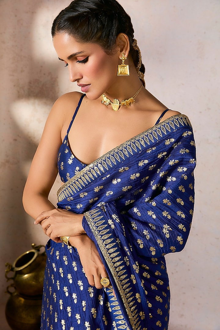 Blue Raw Silk Foil Printed & Embroidered Wedding Saree Set by Masaba at Pernia's Pop Up Shop