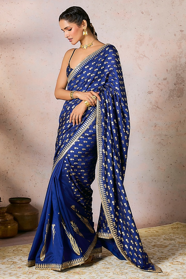 Blue Raw Silk Foil Printed & Embroidered Wedding Saree Set by Masaba at Pernia's Pop Up Shop