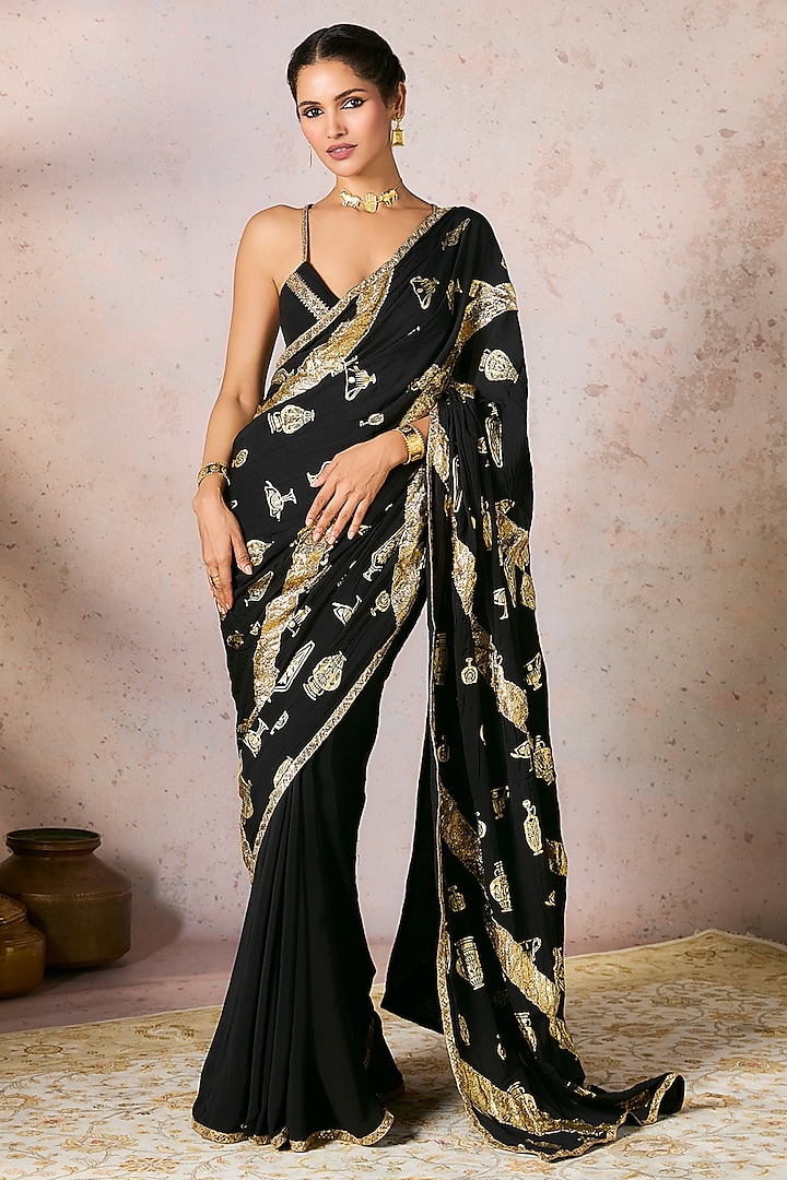 Black Crepe Silk Foil Printed & Gota Embellished Saree Set by Masaba