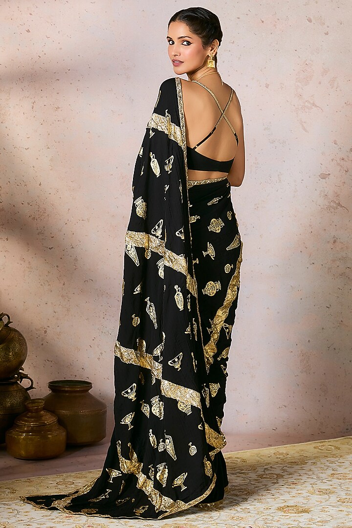 Black Crepe Silk Foil Printed & Gota Embellished Wedding Saree Set by Masaba at Pernia's Pop Up Shop